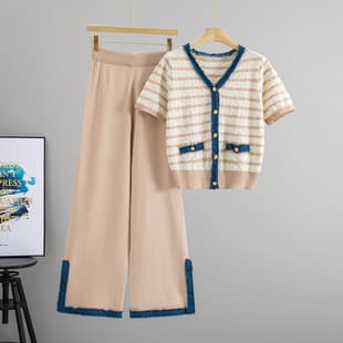 Cross-border Korean Style Fashion Set for Women Summer Short Sleeve Striped Stitched Knit Top Wide Leg Split Long Pants Two-Piece Set Trendy