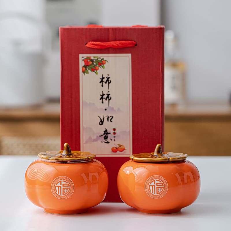 Small "Everything Goes Well" ceramic persimmon jars for tea or wedding candies, larger versions for dried fruits.