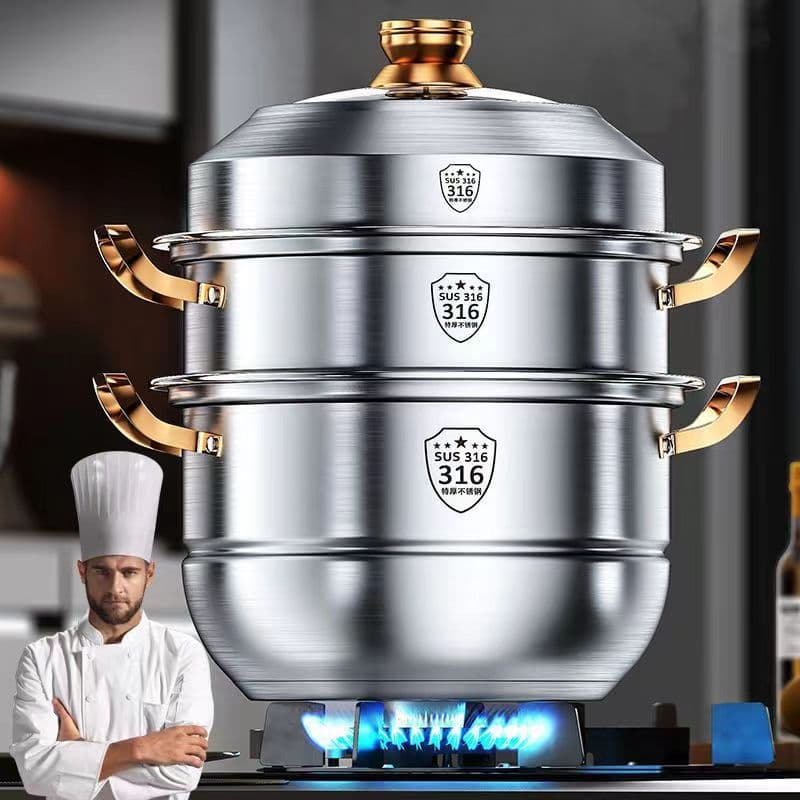 316 Stainless Steel Steamer Pot for Home, Food-grade 304 Thickened Soup Pot, Double to Four Layers, Compatible with Induction Cookers