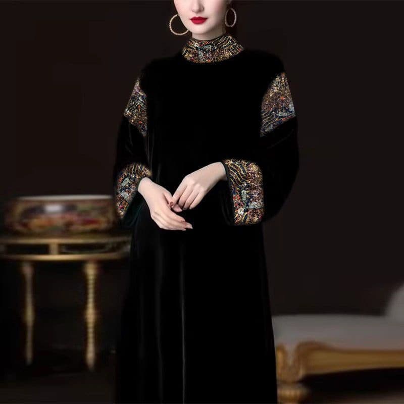 High-End Stand Collar Velvet Dress 2025 Autumn New Print French European Style Plus Size Mother Dress