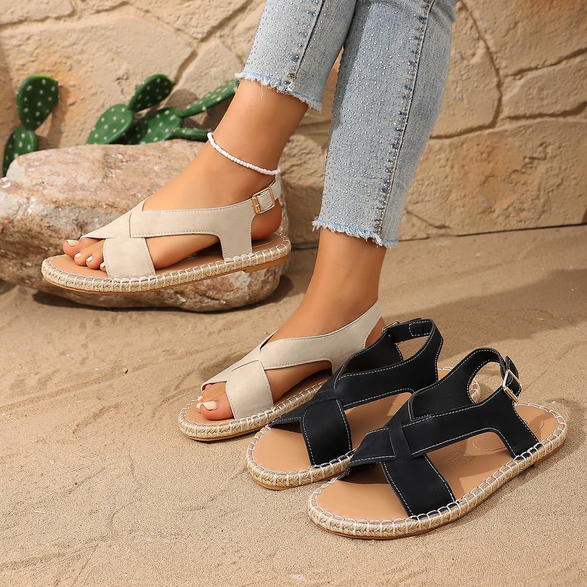 Cross-border foreign trade European and American large size 2026 summer new cross-strap buckle flat sandals for women, fashionable and comfortable women's shoes