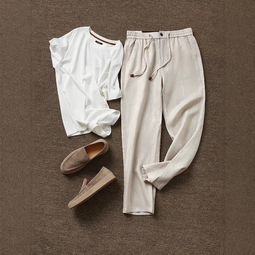 At a Glance, Old Money Relaxed Linen Lyocell Spring and Summer Men's Drape Elastic Waist Loose Straight Casual Pants