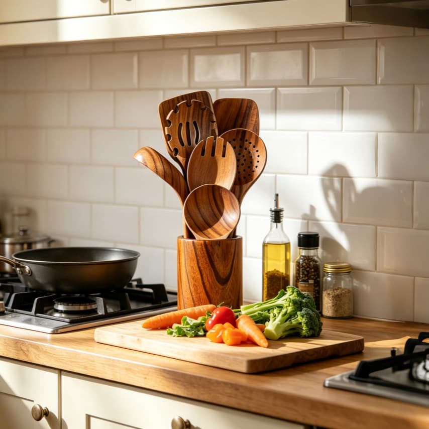 Cross-border Small-Leaf Acacia Wood Kitchenware Set: Wooden Spatula for Non-Stick Pots, Long-Handled Rice Spoon, Wooden Egg Beater, Wooden Soup Spoon, Customizable