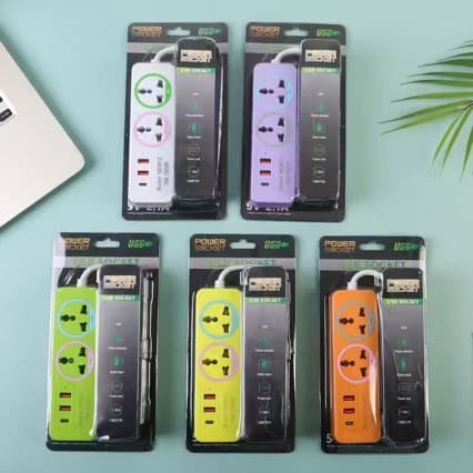 Export power strip with British, European, and American two-flat plug, two-position six-hole 3USB, colorful circle bag packaging with indicator light