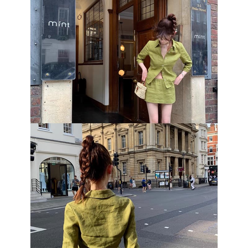 CHICYOU "Linen Story" Linen Three Quarter Sleeve Waist Shirt + Low Waist Skirt Set