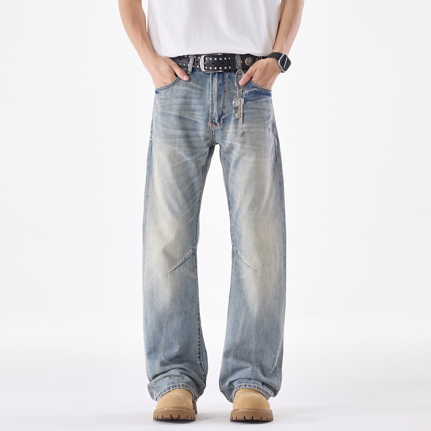 High-Street Washed Whisker Denim Jeans for Men, Summer Streetwear Rogue Chic Loose Straight Leg Pants, Floor-Length Casual Jeans