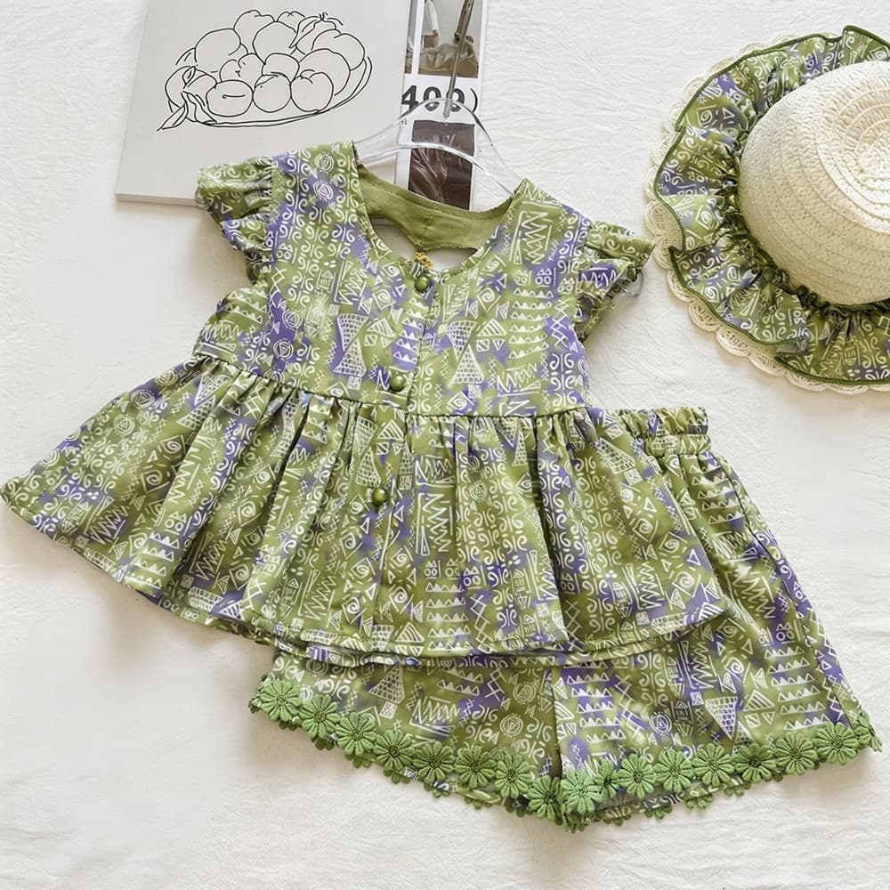 Girls' back hollow bow printed flying sleeve top suit summer 2026 daisy lace shorts two-piece set