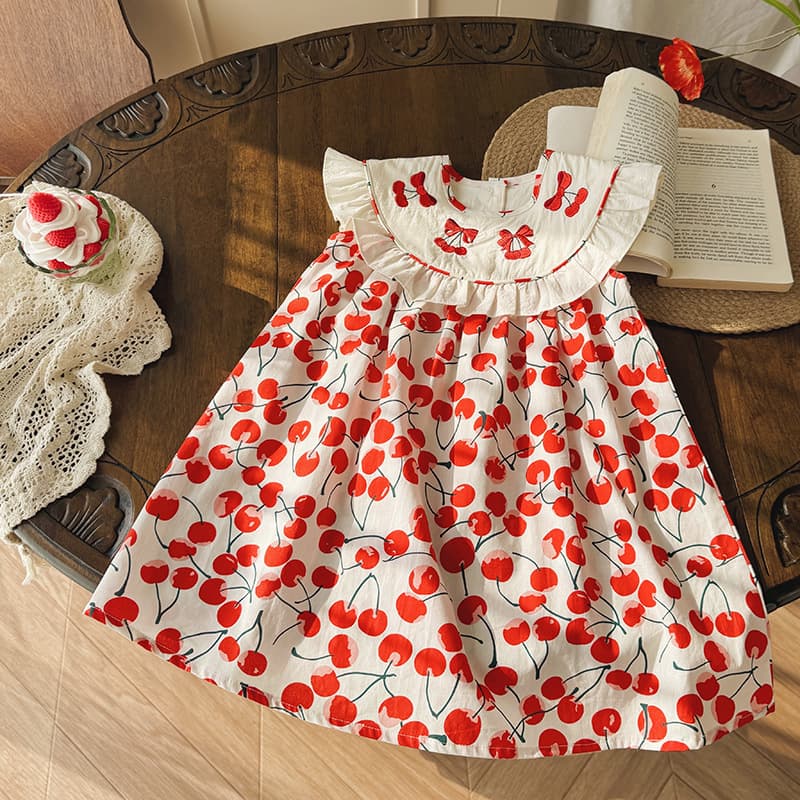 Cherry embroidery French girls dress 2026 summer ruffled sleeveless children's dress girl's dress