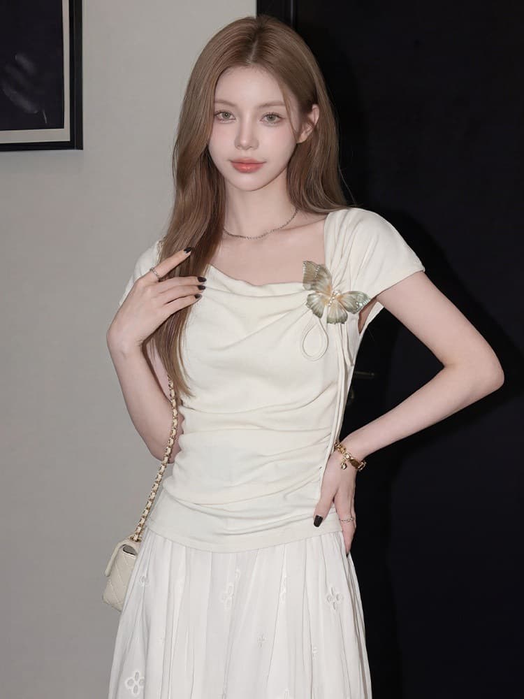 Light Blue Off-Shoulder Draped Neck Short Sleeve T-Shirt, Ins Style Summer Butterfly Knot Waist Design Atmosphere Top