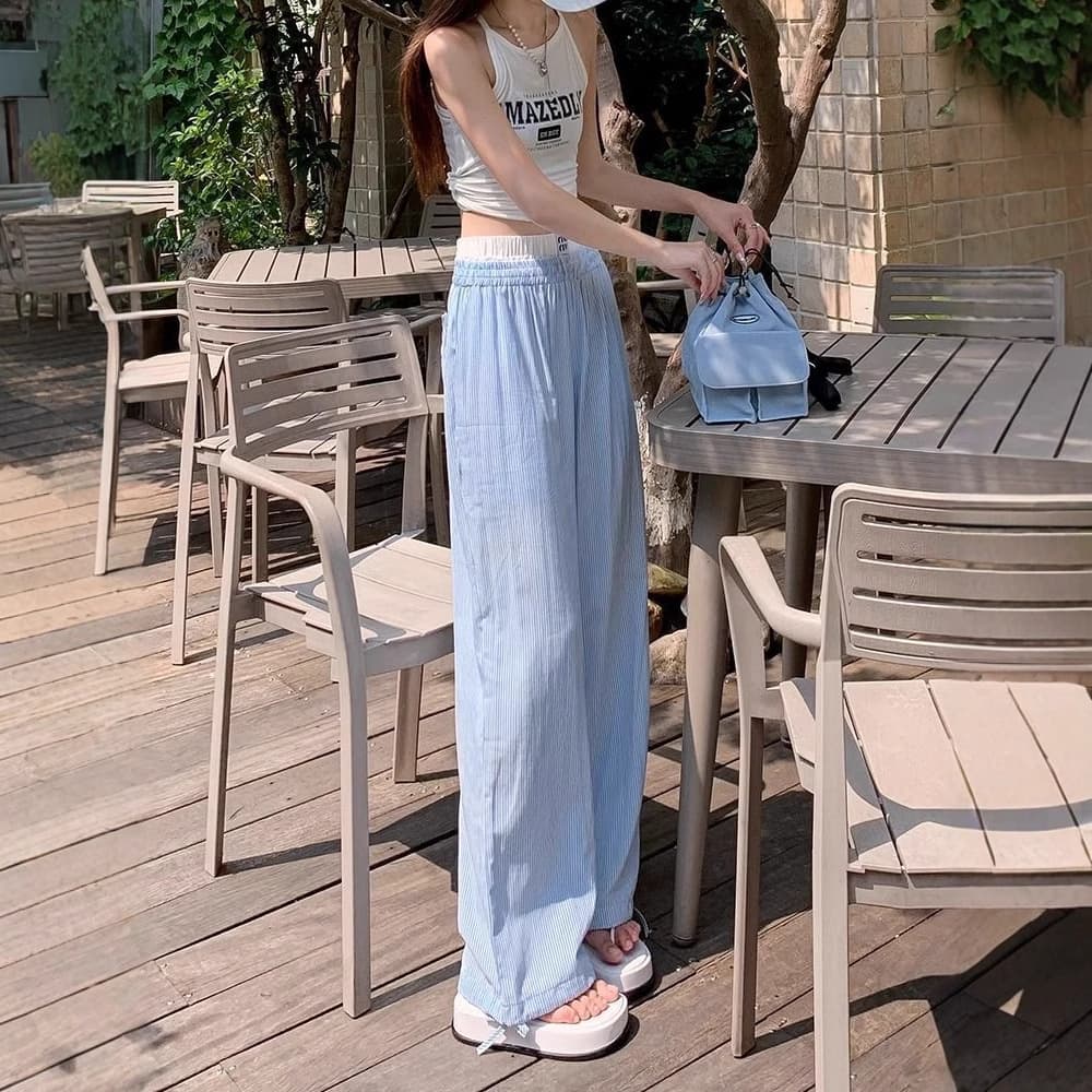 American Retro Mop Pants Striped Casual Pants Men's and Women's Summer Thin Casual Wide Leg Lazy Slimming Straight Pants