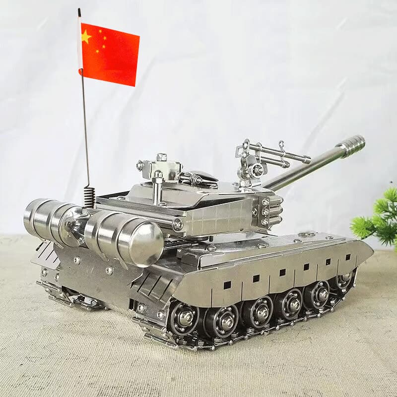 Authentic Stainless Steel Handmade Movable Tracked Tiger Tank Model with LED Lights, a Gift for Children