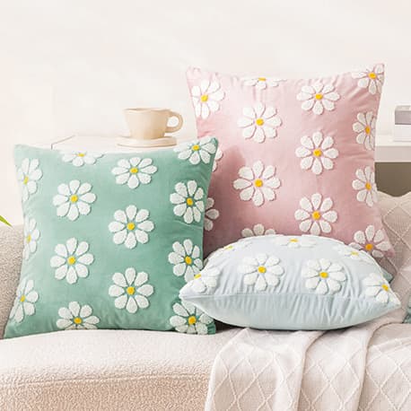 Small fresh daisy velvet pillowcase summer dopamine color embroidery living room sofa cushion cover decoration
