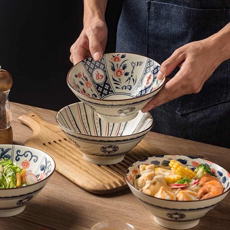 Japanese Retro Noodle Bowl Soup Bowl Large Home Use Bamboo Hat Bowl Ramen Bowl Underglaze Color Large Rice Bowl Ceramic Tableware