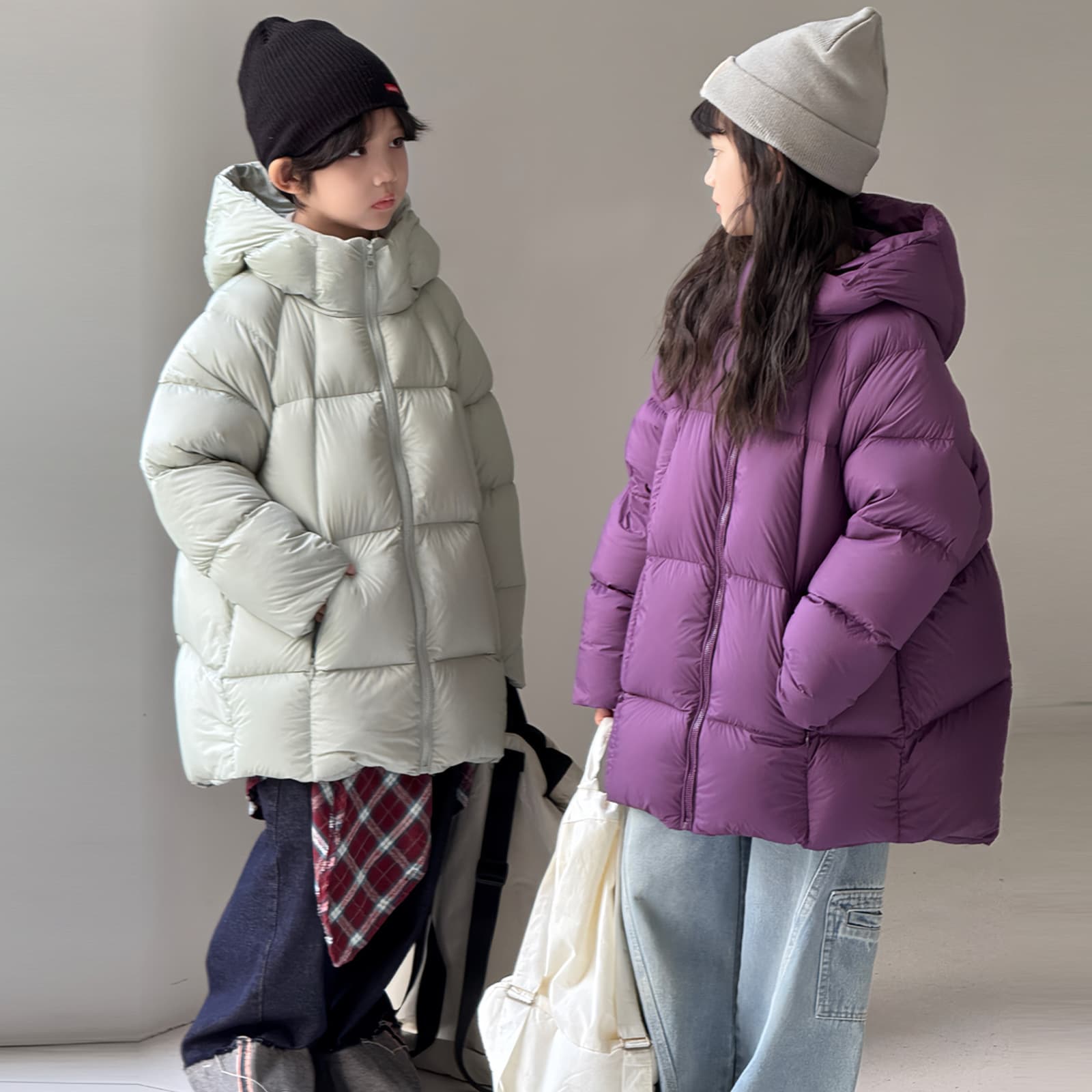 Children's down jacket, Korean style, new style, boys' and girls', big kids' mid-length, thickened hooded white duck down coat, trendy.