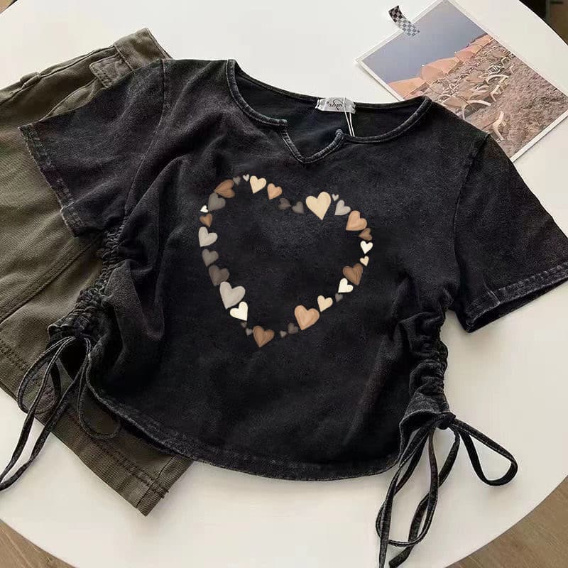 Summer Short-Sleeve Drawstring Heart Design Washed Black Distressed T-Shirt for Women Niche Ins Korean Style Versatile Top