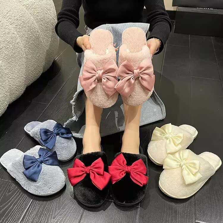 Super Fairy Furry Slippers for Women, Ins-Style Bow Knot Closed-Toe Slip-On, Cloud-Like Thick Sole, Cozy Home Cotton Slippers