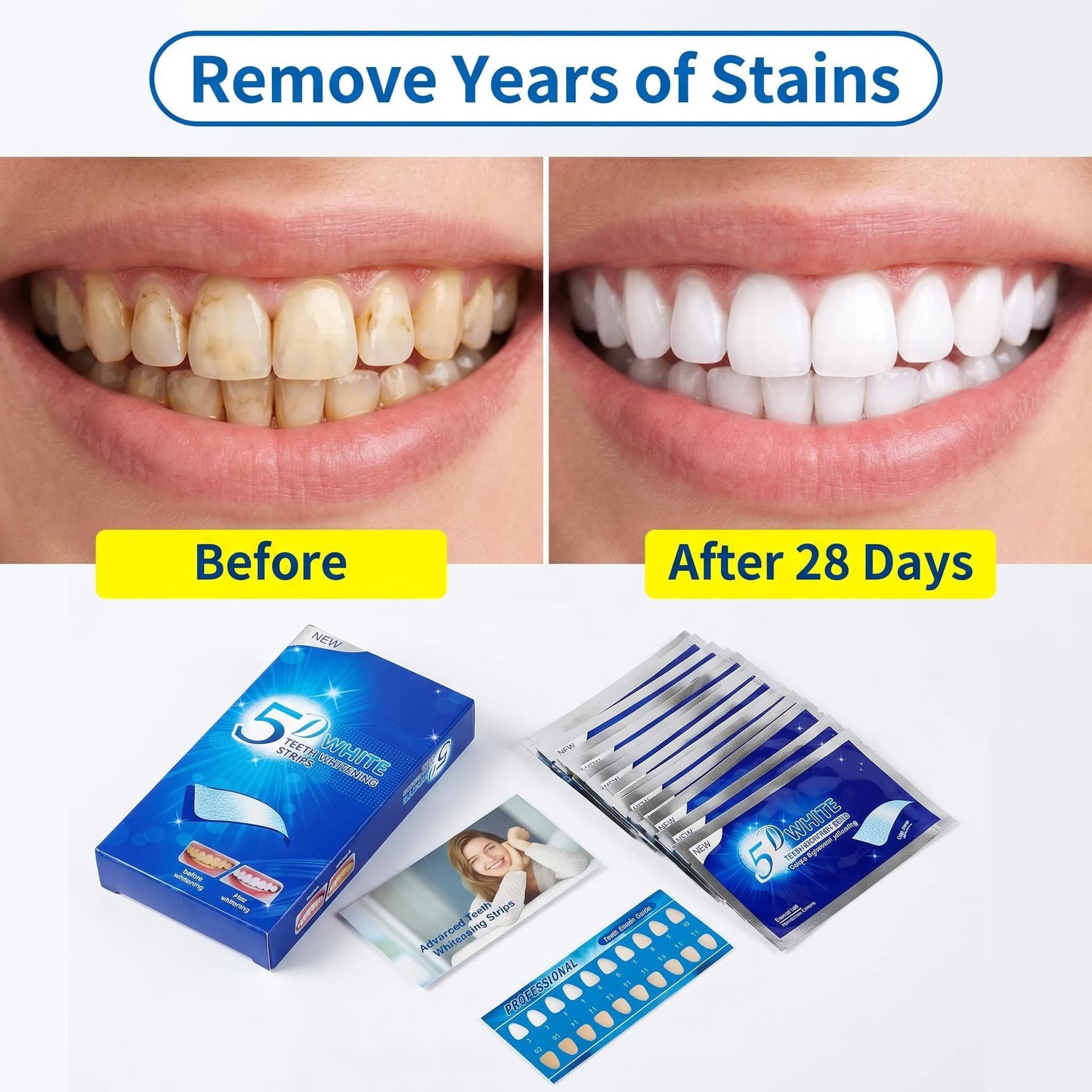 Cross-border hot-selling anti-yellowing whitening 5D whitening strips wholesale oral care professional brightening strips bulk stock