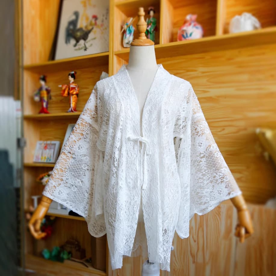 Japanese-style haori jacket with lace hollow sun-protection jacket, mid-length Japanese jacket, haori cardigan outerwear