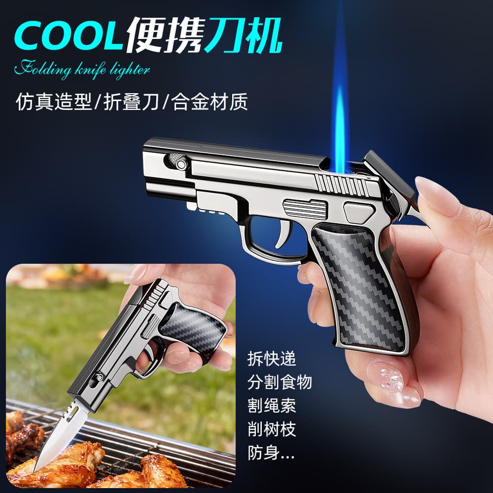 New Creative Design Lighter Alloy Jet Flame Lighter with Folding Knife Outdoor Multi-Function Smoking Tool Wholesale Trend