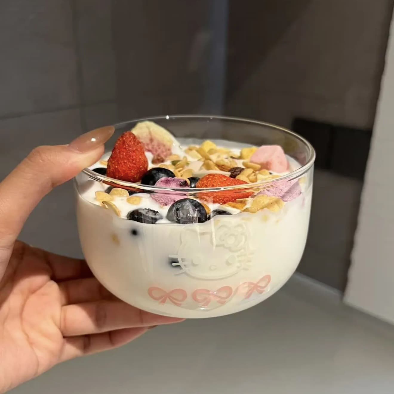 Glass Bowl Cute Girly Transparent Salad Bowl Dessert Bowl Heat-Resistant Breakfast Bowl Tableware