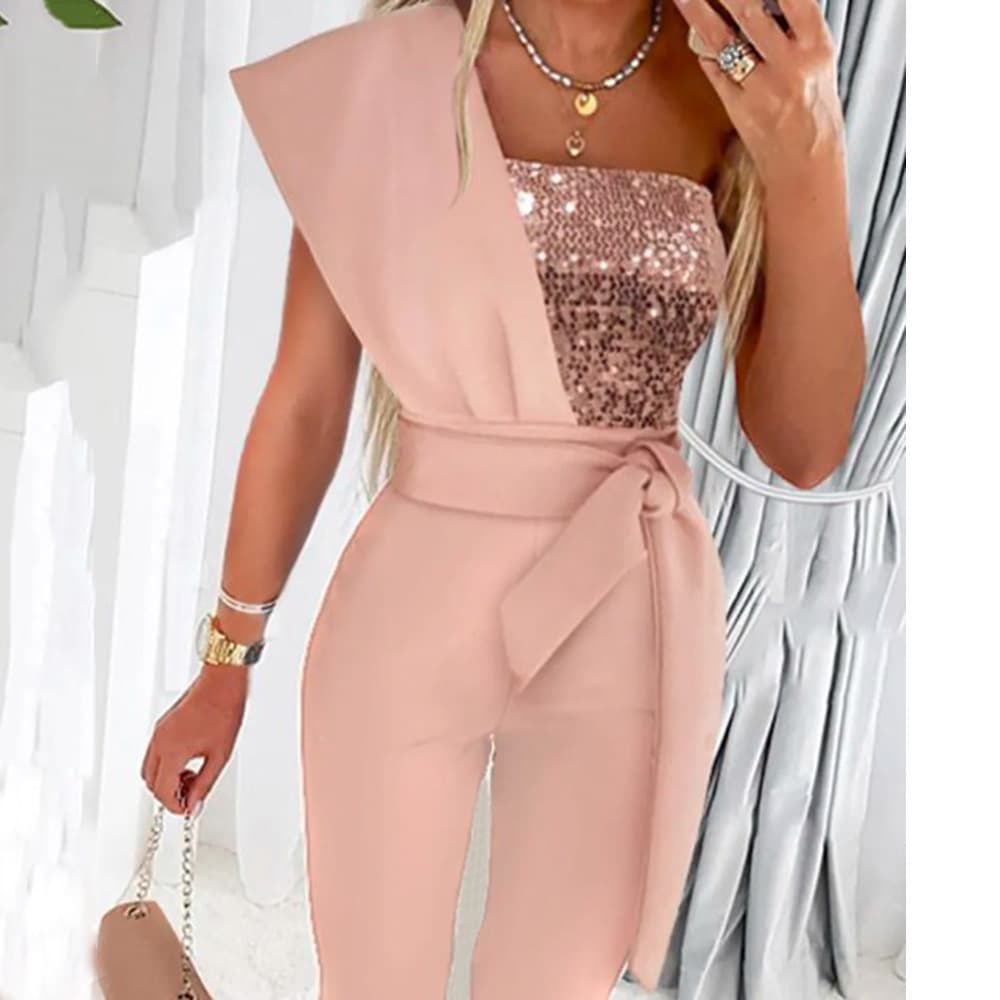 Cross-Border European and American Style Sequin Jumpsuit, Elegant Party Sleeveless Belt Design, Slim One-Shoulder Spliced Women's Clothing