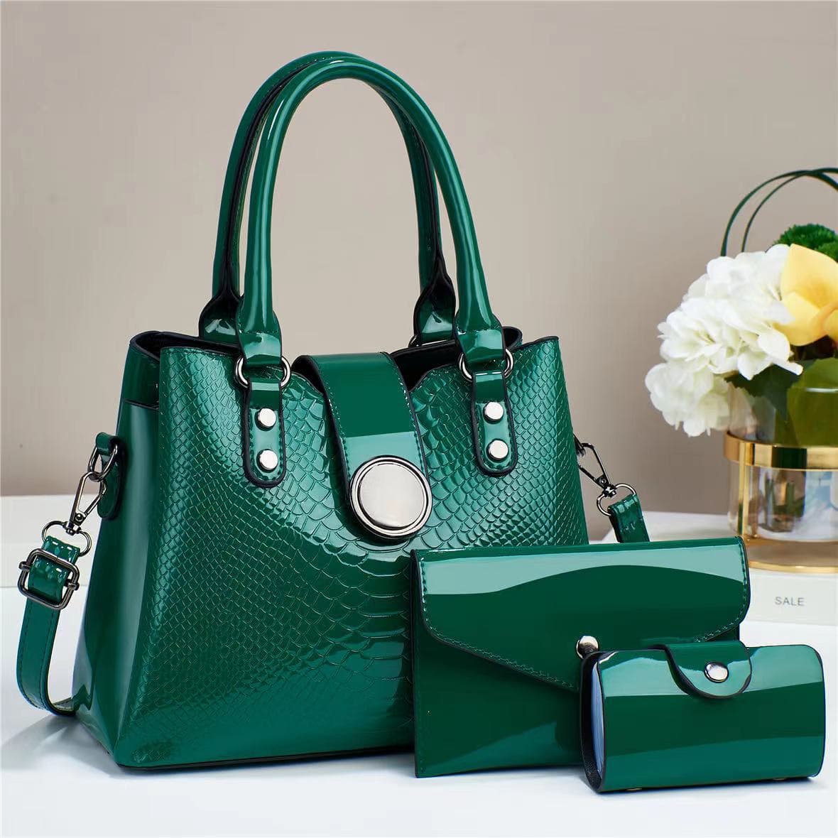 Crocodile Pattern High-End Handbag Large Capacity Three-Piece Set Glossy Leather High Texture Women's Bag New Simple Export