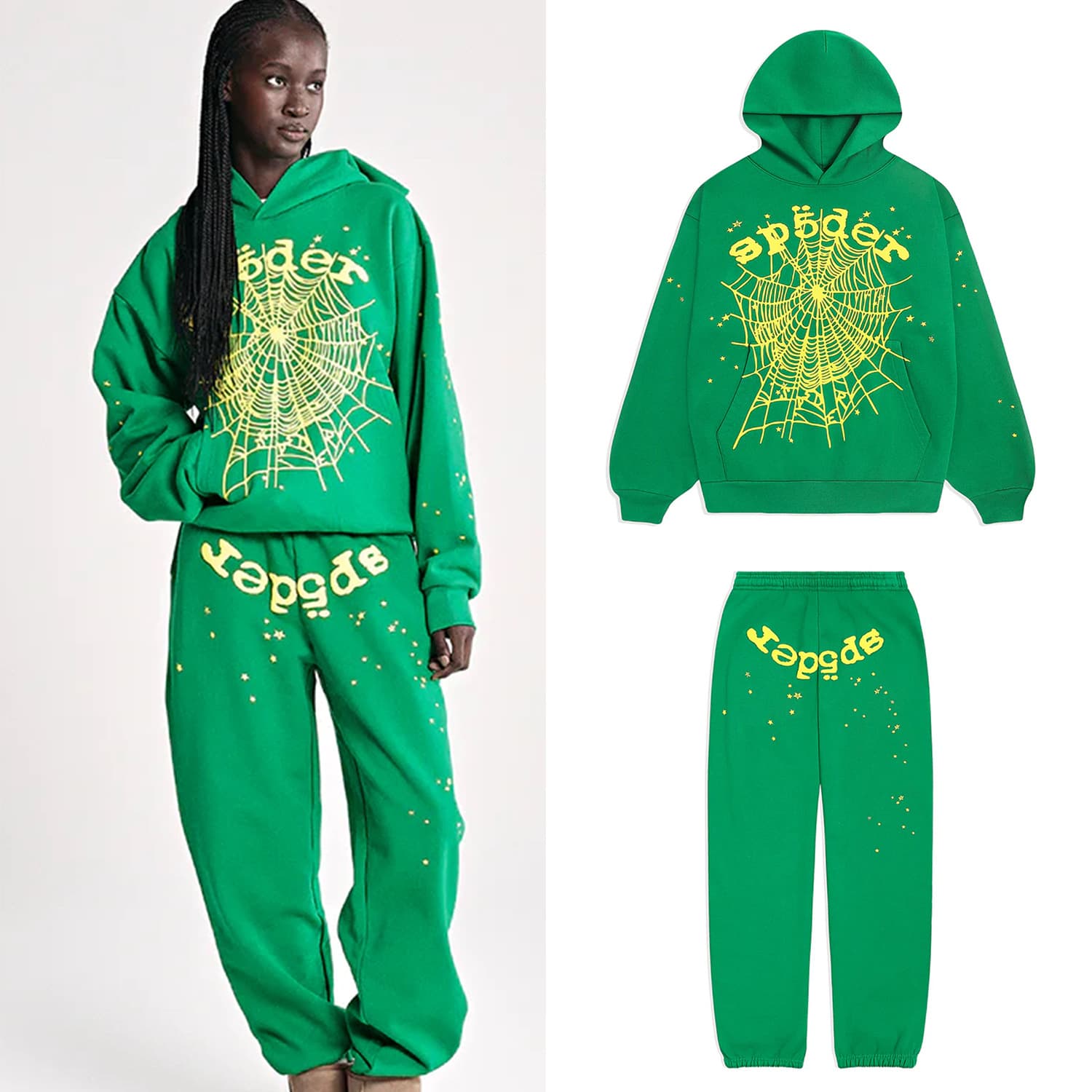 Sp5der Pink Hoodie 24S Unisex Green Spider Web Terry Hoodie Loose Casual