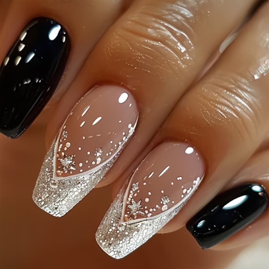 Black Silver Glitter Wearable Nails Classic Elegant Daily Commute