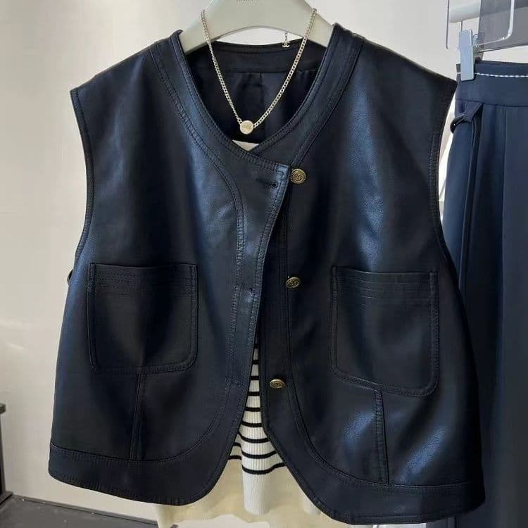 2025 Korean Style Retro Short PU Leather Vest for Women Autumn Motorcycle Vest Waistcoat