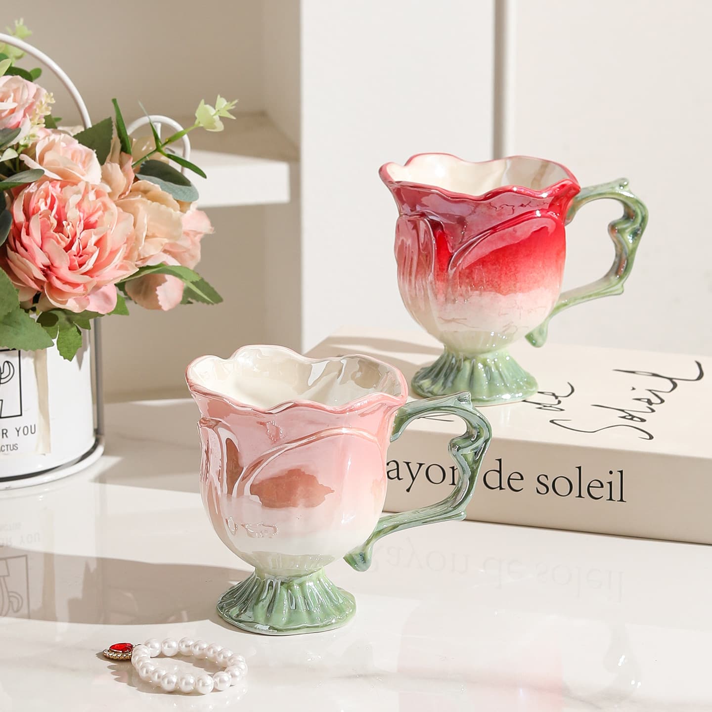 Creative Gradient Hand-Painted Ceramic Coffee Cup, Large Capacity Breakfast Milk Cup, Rose Coffee Cup, Cross-Border Coffee Cup and Saucer
