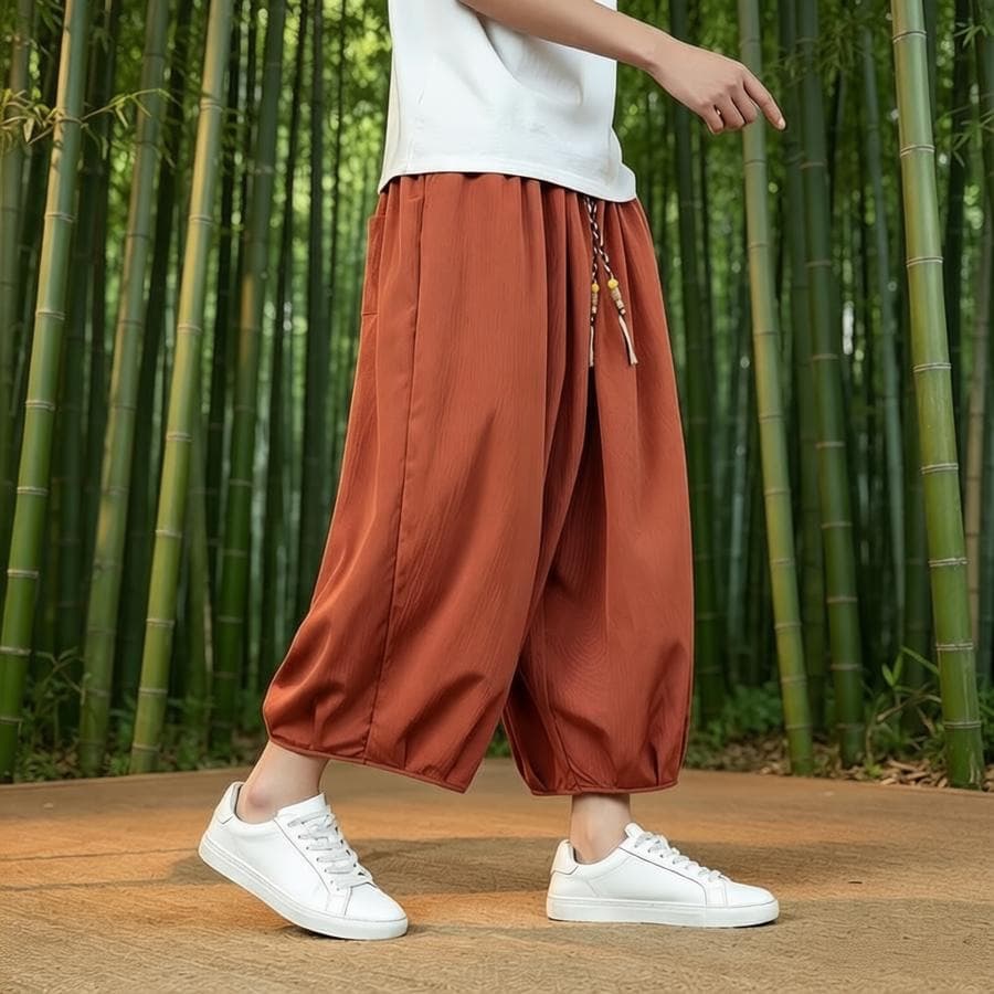 Foreign trade 2026 new summer style Chinese style ice silk imitation linen feel loose casual pants eight-quarter pants large size men's pants