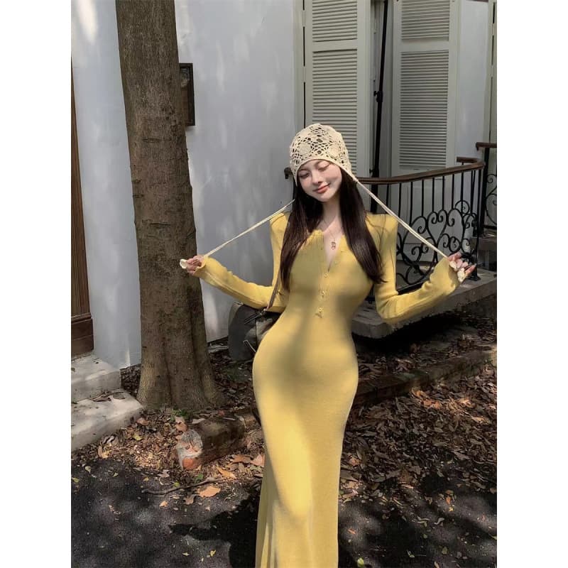 Gray Long-Sleeve Knit Dress for Women, Autumn Elegant Slim Fit Maxi Dress, Half-Open Collar Bodycon Pencil Dress