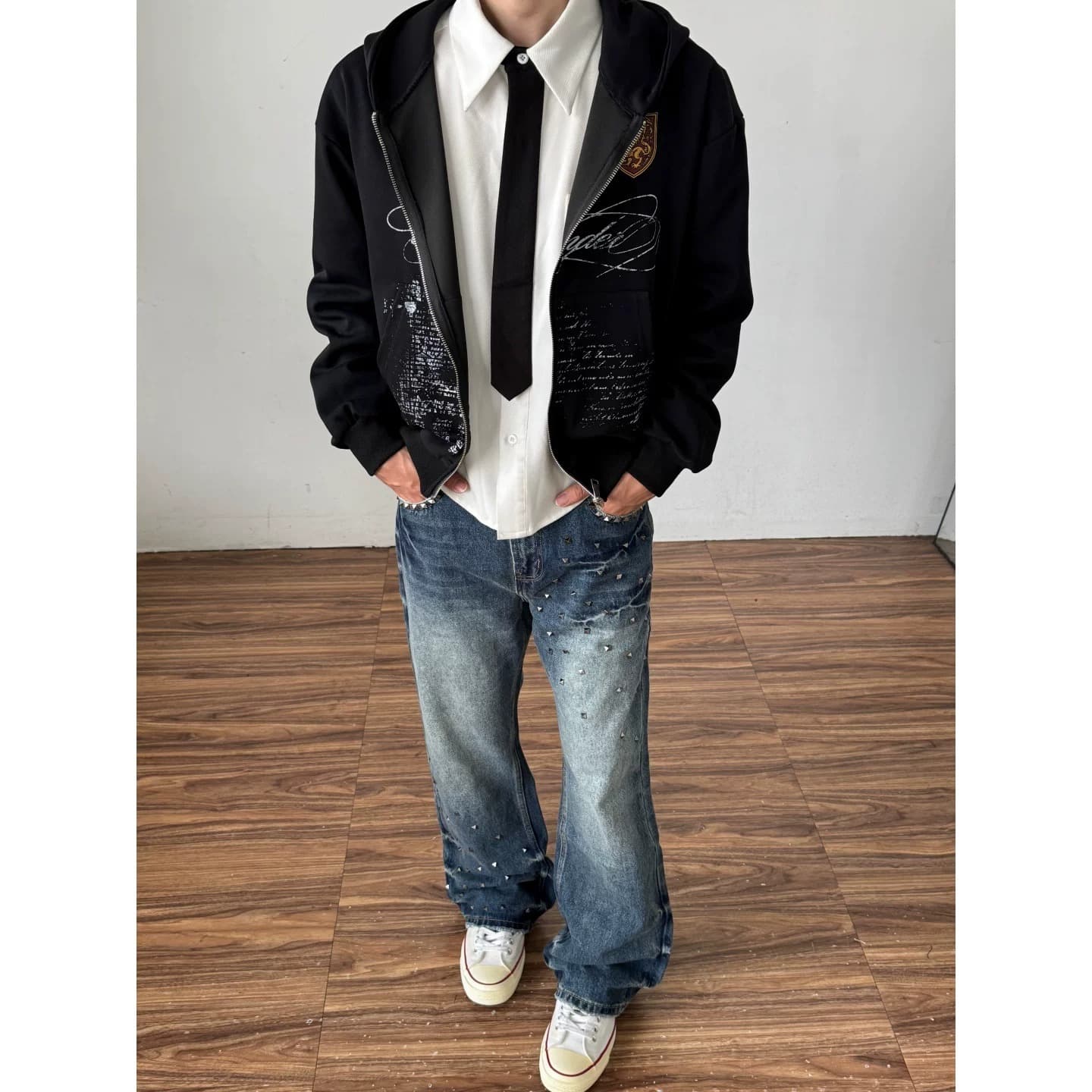 cleanfit Washed Lightning Pattern Slightly Flared Jeans Men American High Street Straight Leg Pants Design Rivet Trousers
