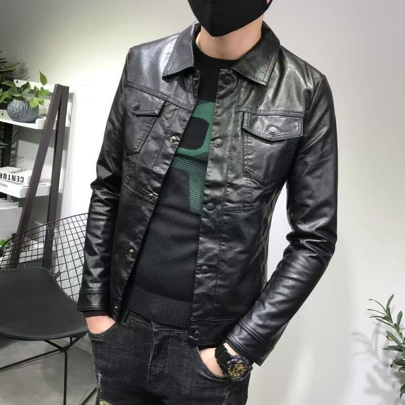 High-Quality Washed Leather Trendy Handsome Lapel-Style Leather Jacket Men's Coat Trendy Korean Style Slim-Fit Biker Leather Jacket