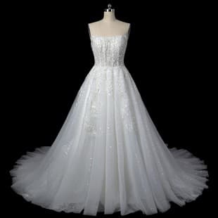 Women's Wedding Dress Strapless Sparkling Sequins Lace Grand Train Tulle Dress Open Back Dress Wedding Banquet Host