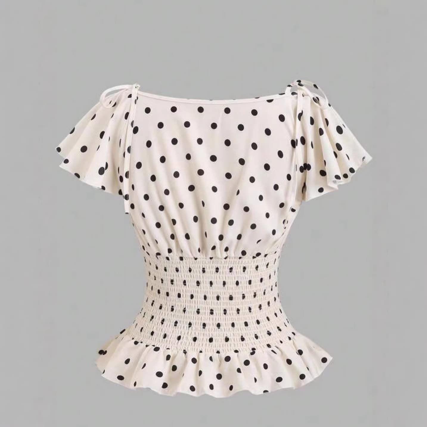 Amazon Cross-border 2026 New Polka Dot Off-Shoulder Chiffon Blouse for Women, Waist-Tightening Slimming Ruffle Short Sleeve Crop Top