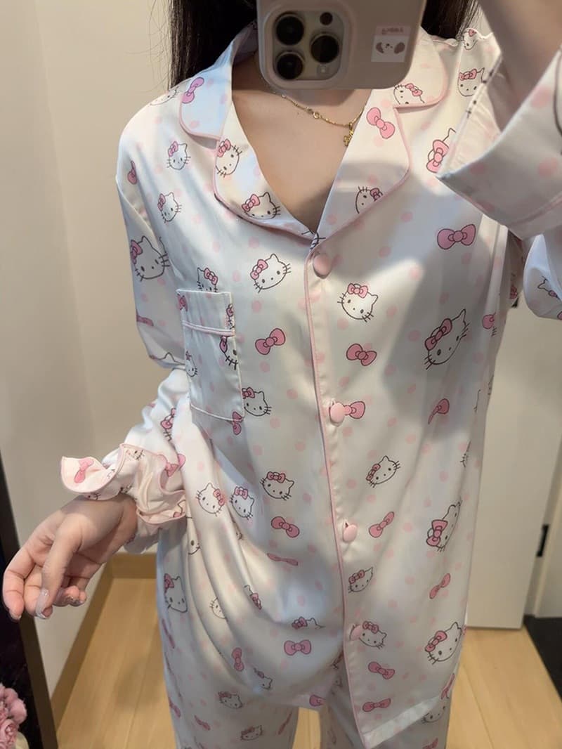 Cute Girl Ice Silk Pajamas Women Spring Autumn Long Sleeve Long Pants Sweet Kitty Premium Loungewear Set