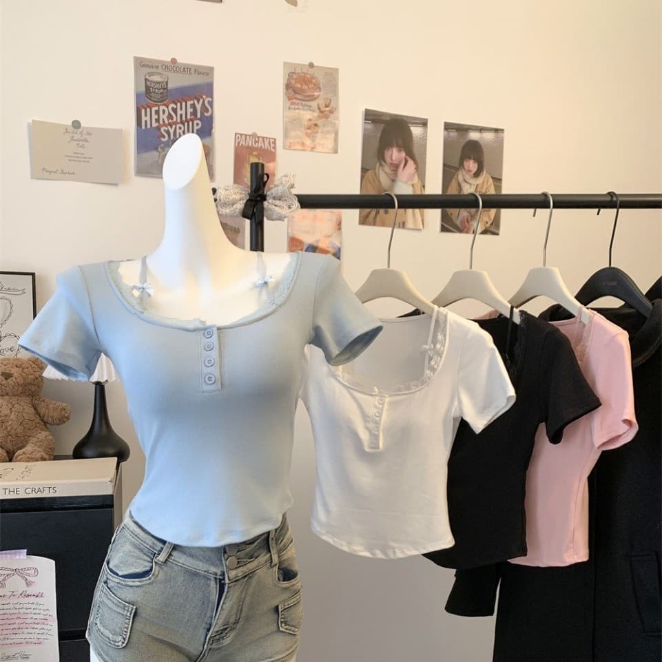5088# Pure and sexy lace-panel short-sleeve T-shirt, summer, with built-in bra pads and bow detail, slim fit, cropped top.