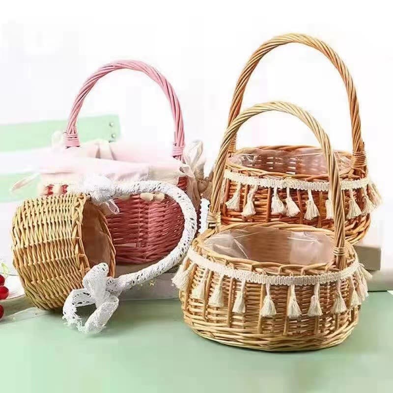 Portable flower arrangement, blue wicker wedding small flower basket, handmade rattan bamboo basket, woven photo ornament, fruit basket