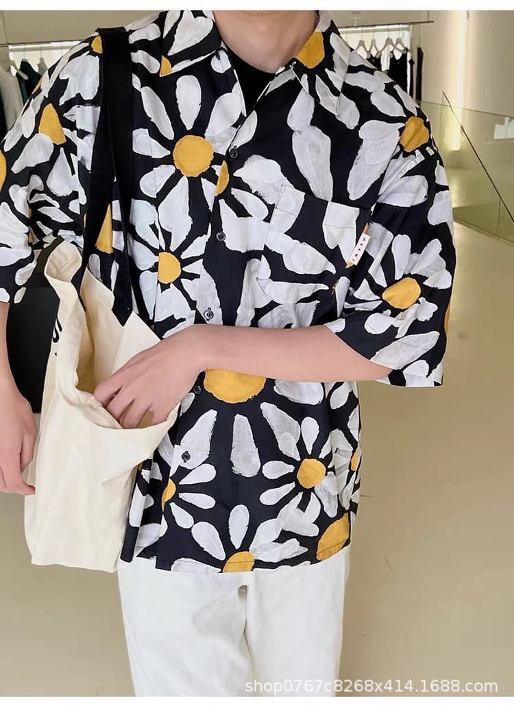 Spot JAC American daisy flower print short-sleeved shirt men's Hawaiian loose cotton casual shirt trendy