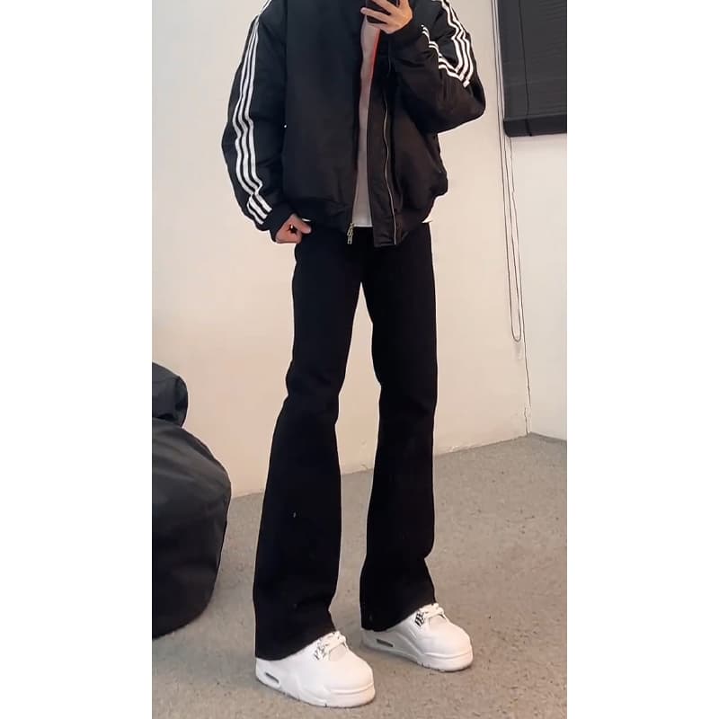 Black Curved Saber Willow Jeans for Men Spring/Autumn High-Waist Slim Fit Pants American High-Street Straight Flared Pants