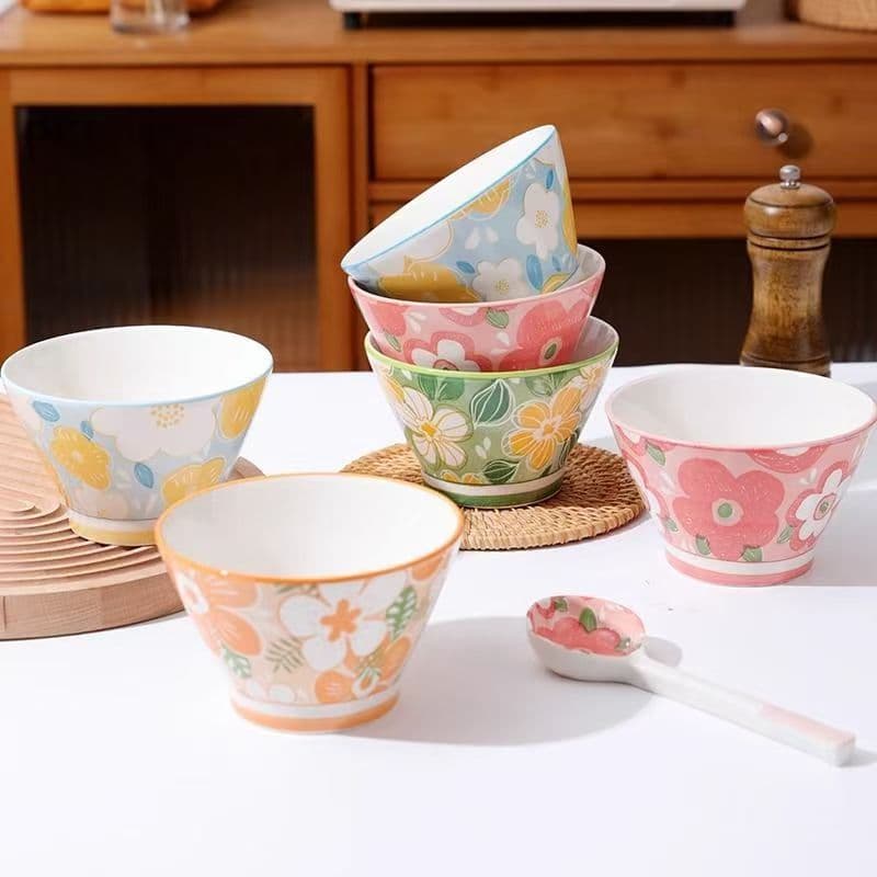 High-looking household 5-inch bamboo hat bowl, rice bowl, windmill flower rice bowl, anti-scald salad bowl, dessert bowl, ceramic bowl