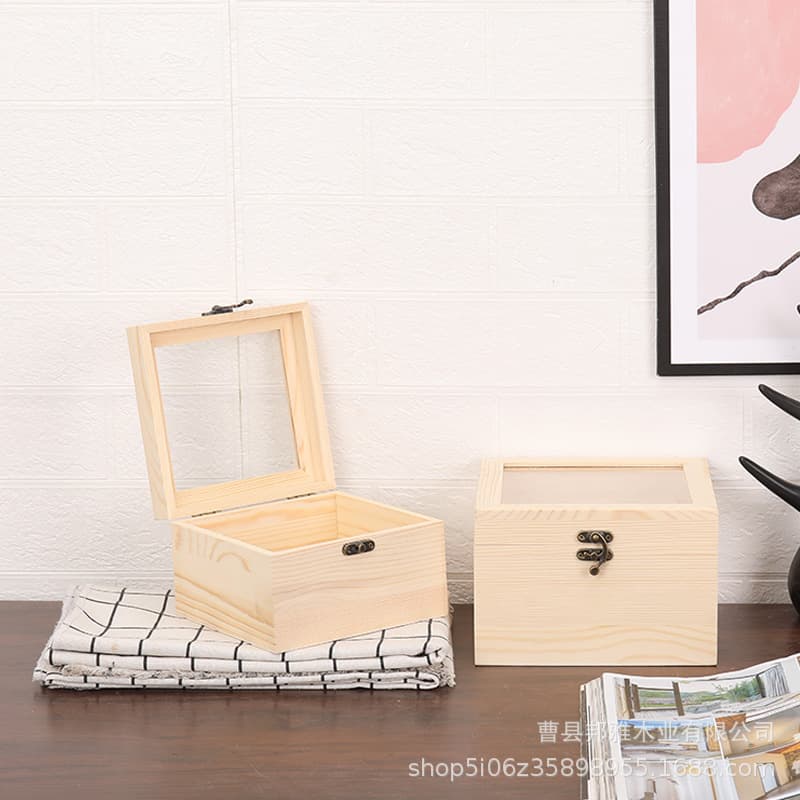 European-style wooden wedding favor box with glass lid and window, suitable for bridesmaids, birthday gifts, and festive presents.