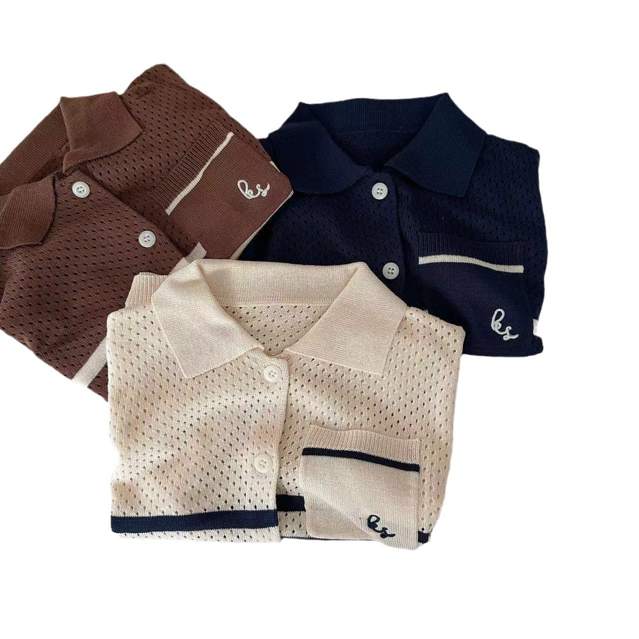 2026 Summer Kids Knitted Hollow Contrast Color Ice Silk Sweater Stylish Versatile Mesh Short Sleeve Polo Collar Top