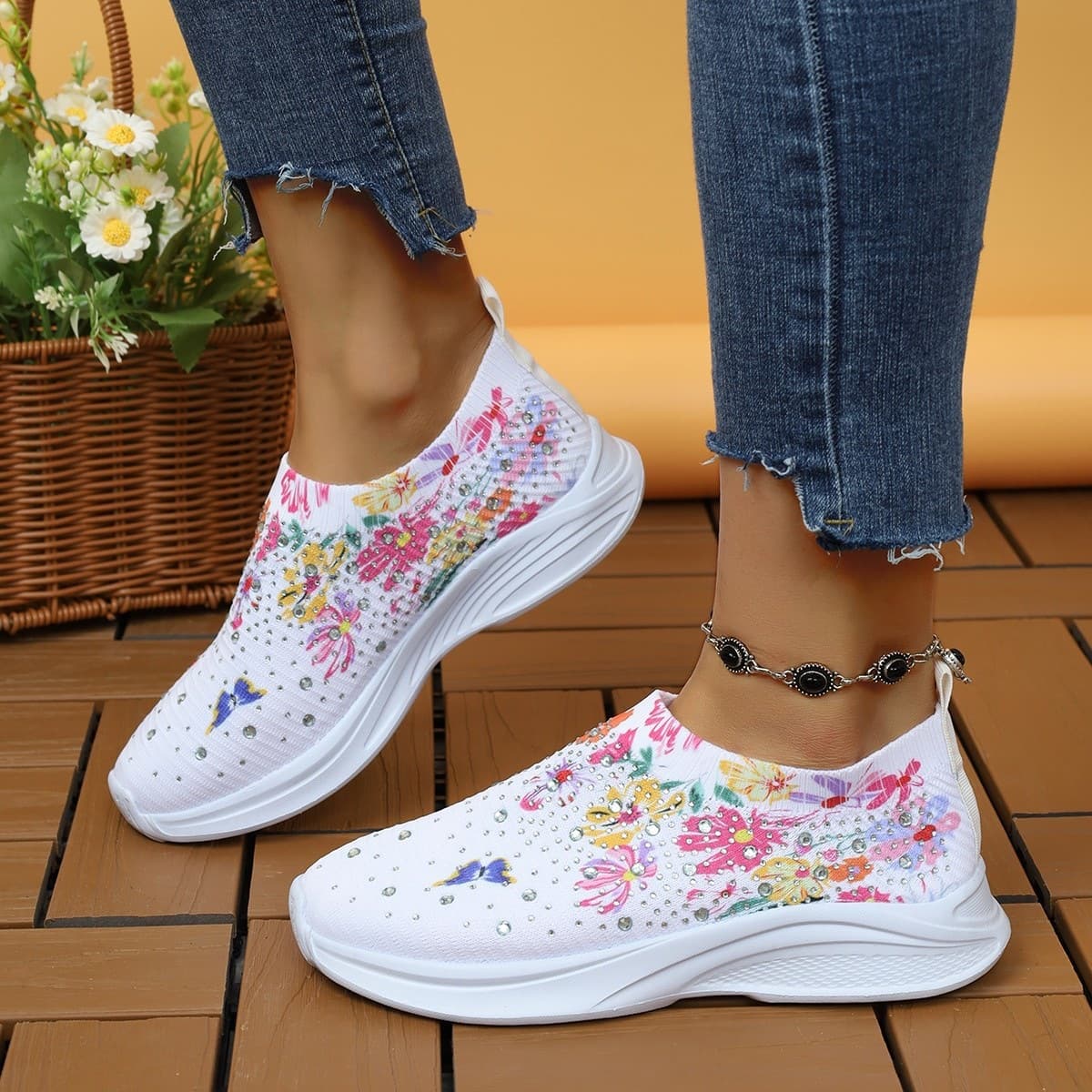Cross-border Plus Size Women's Spring Breathable Casual Sports Shoes Rhinestone Rainbow Sparkle Flyknit Thick Sole Running Shoes