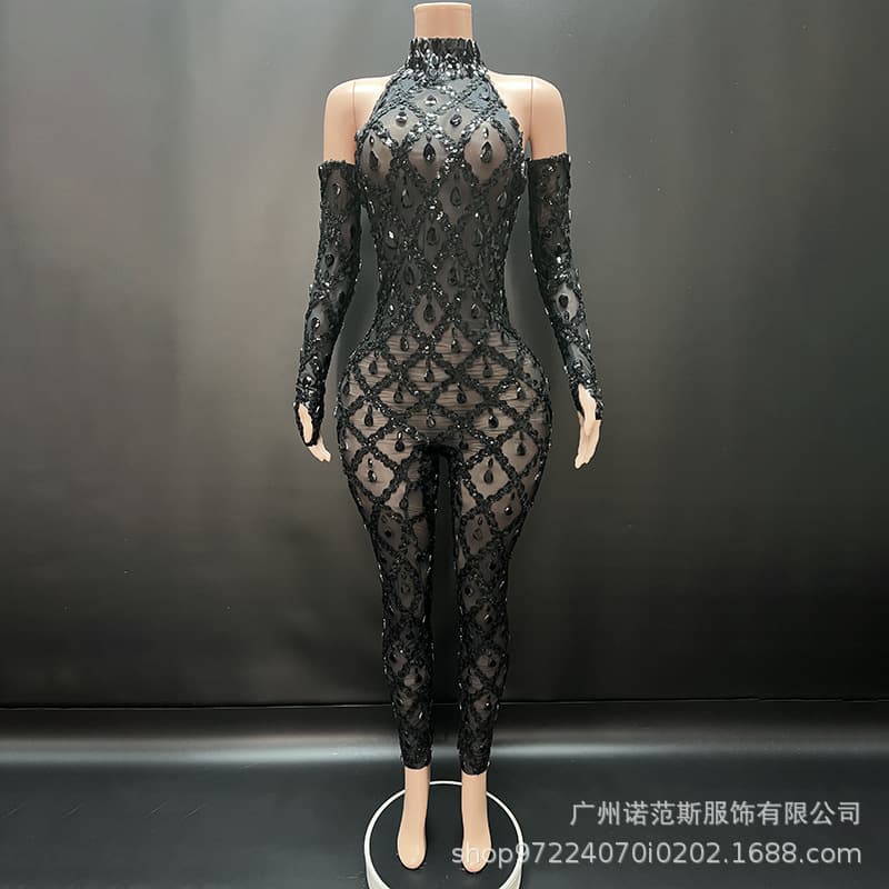 High-End Black Diamond Grid See-Through Bodysuit with Back Shaping for Autumn/Winter, Music Festival Female Singer Performance Costume
