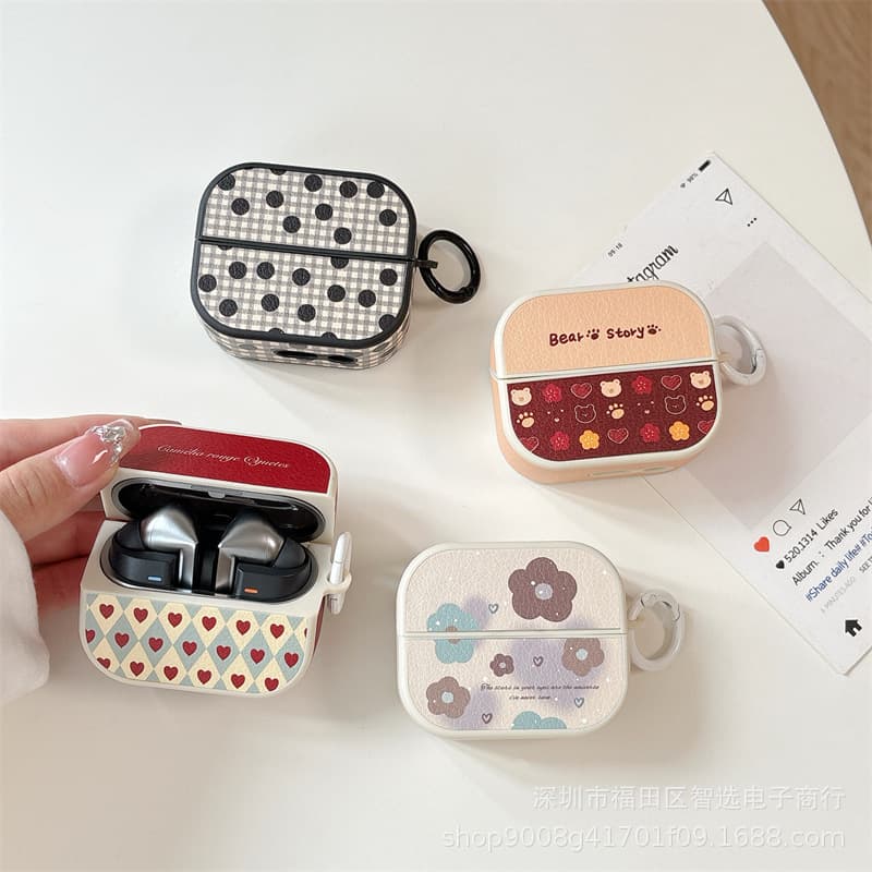 For Samsung Galaxy Buds3 Headphone Case Cartoon Plaid Leather buds3pro Bluetooth Case Square