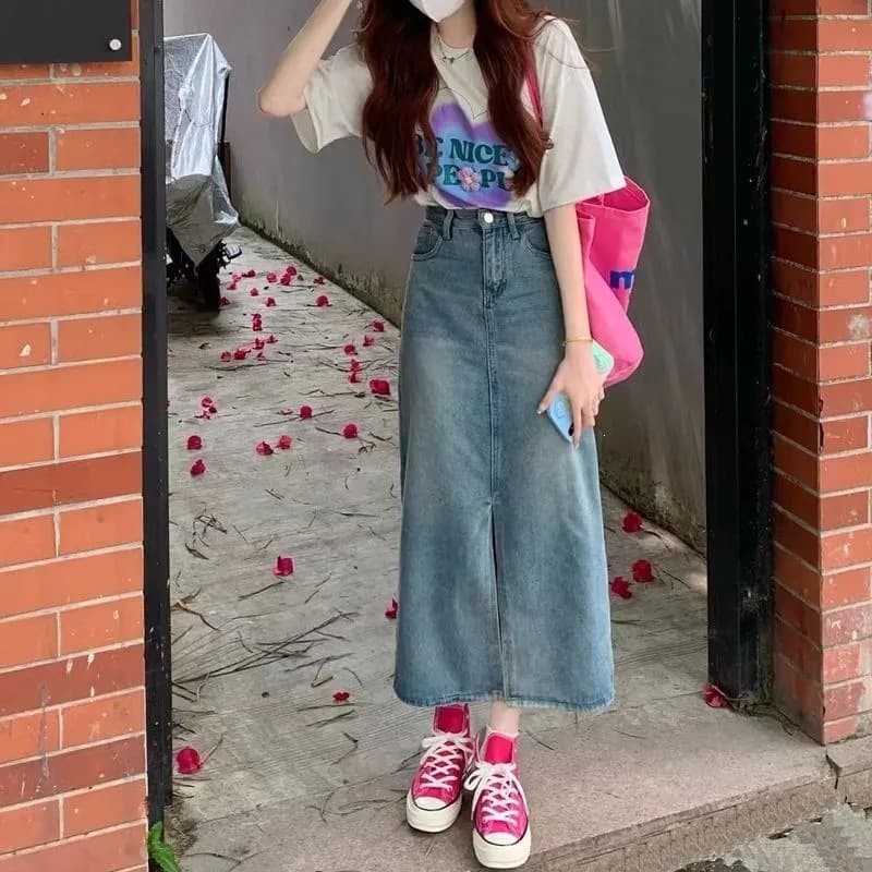 2026 Cute slit denim skirt for women summer ins new high-waist slim mid-length hip skirt trendy