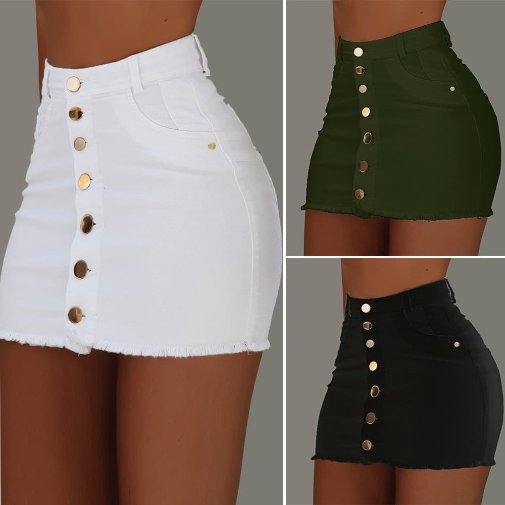 European and American 2023 New Casual Fashion High-Waist Solid Color Bodycon Short Skirt Women's Denim Single-Breasted Skirt