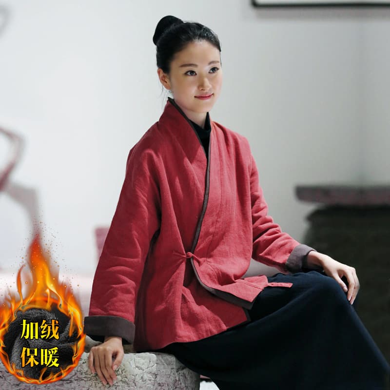 Chinese-style retro tea dress for women, made of cotton and linen, with Chinese knot buttons, suitable for tea ceremony and meditation. Autumn and winter.